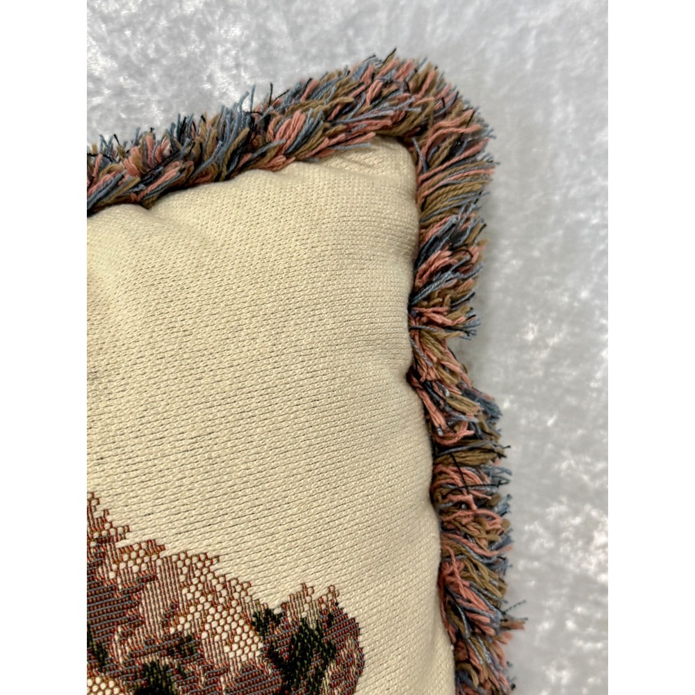 Vintage Dakotah Teddy Bear Woven Tapestry Throw Pillow Fringed Cream 12" x 13" - Picture 5 of 8